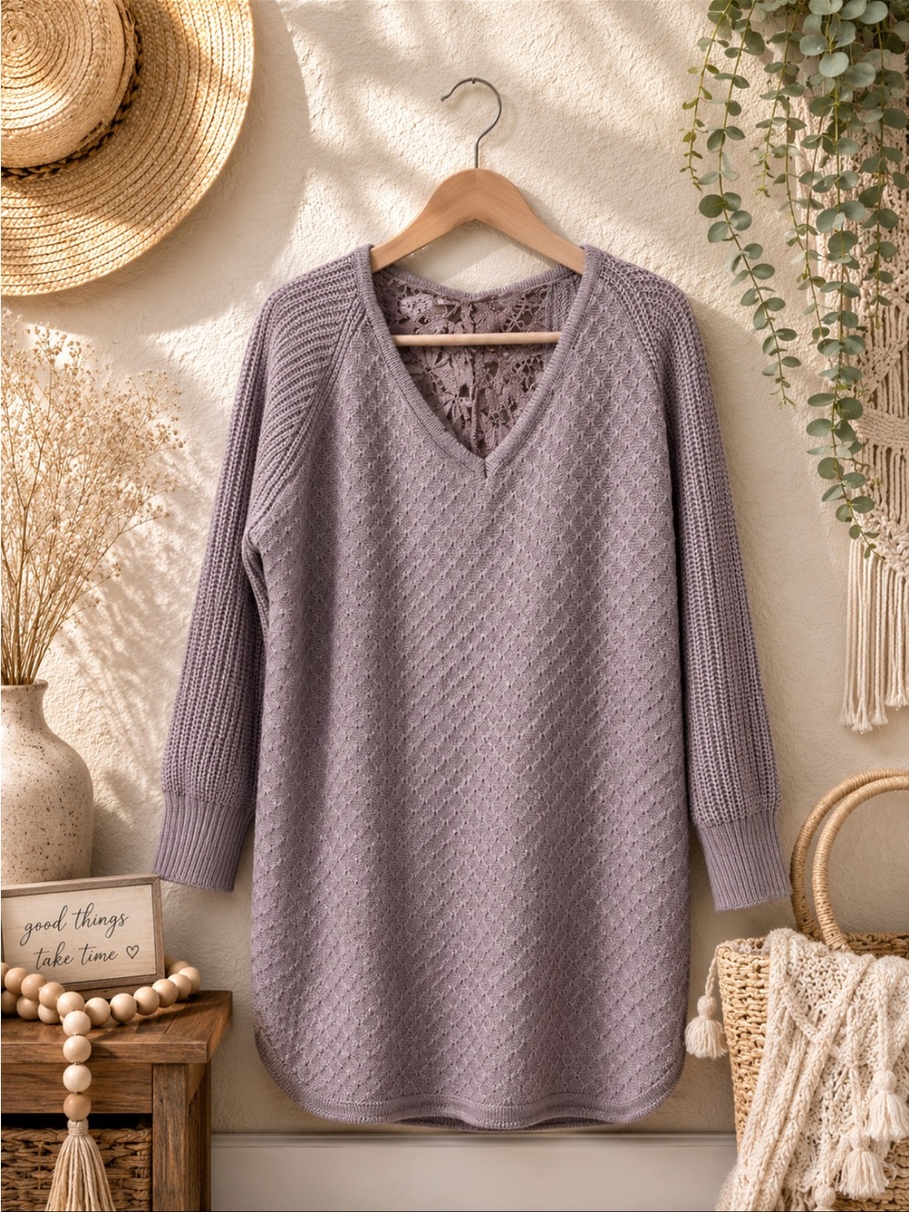 SHEIN Dusty Mauve V-Neck Textured Knit Dress